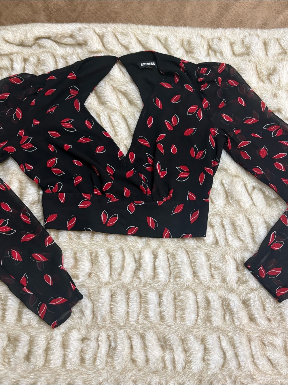 Express Black Long-Sleeve V-Neck Crop Top with Red Leaf Print